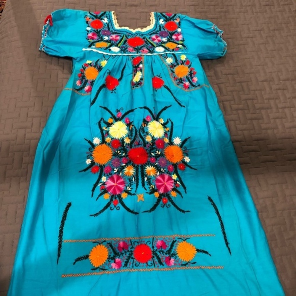 Embroidered Dress Vintage Handmade Piece Aqua Bright Bold Colors Midi